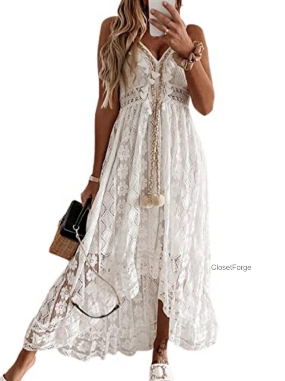 Lace Crochet Maxi Dress V-Neck Sleeveless Boho Tassel Flowy Beach Vacation